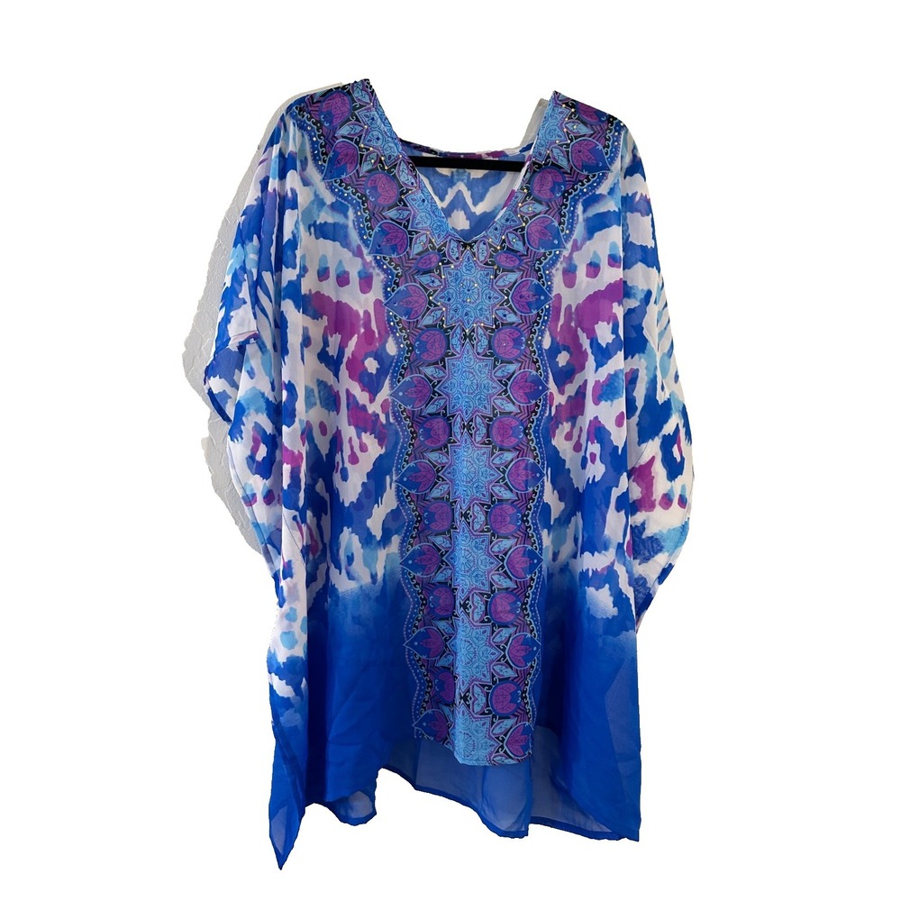 Womans Multicolor Rhinestone Sheer Kimono Onde Size Whimsical Beachy Resort Pool